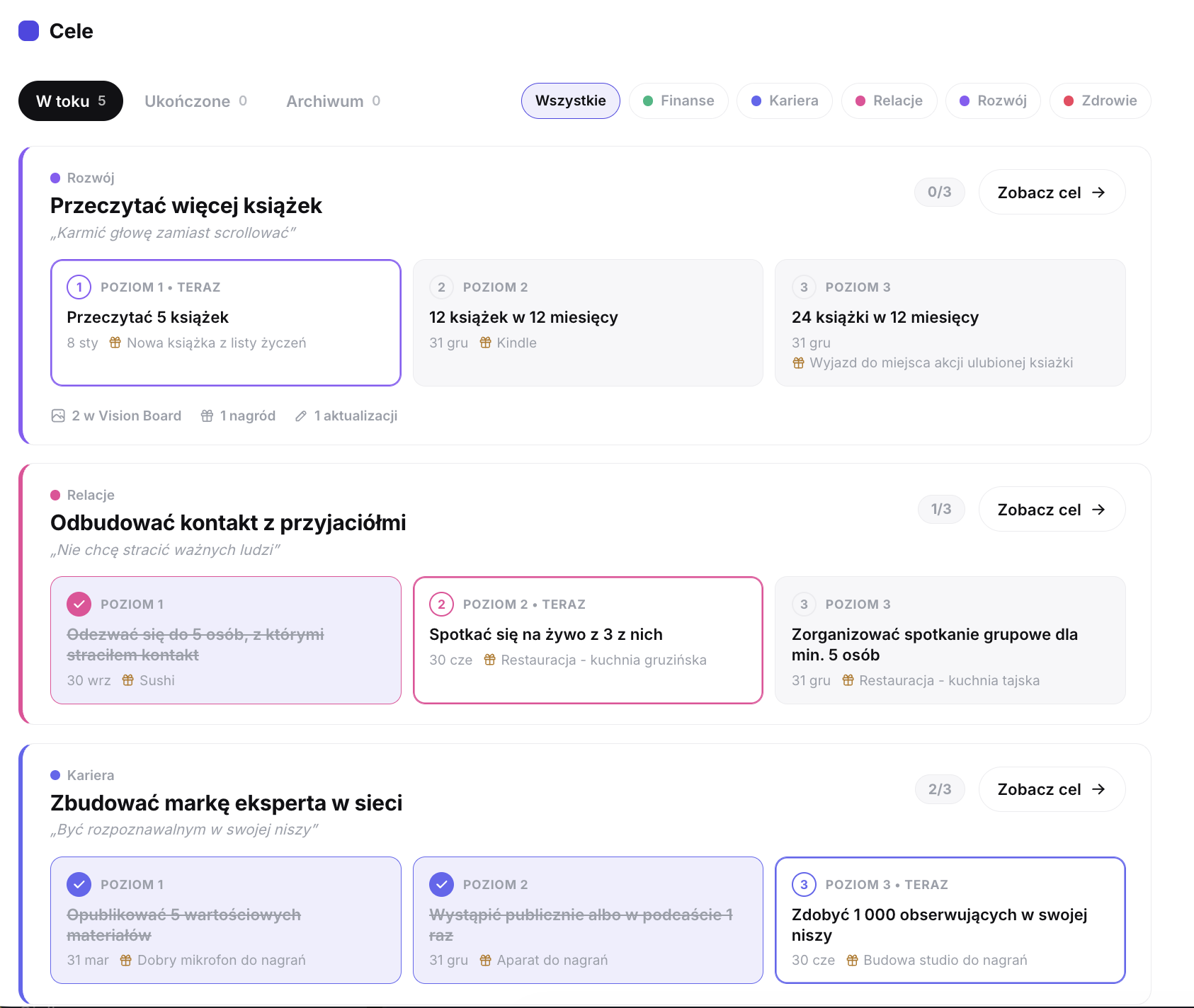 Lista celów w planerze: cele podzielone na obszary życia, każdy z trzema poziomami i paskiem postępu